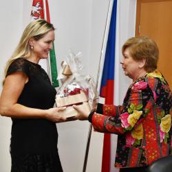 Eva Hulcová přebírá z rukou hejtmanky Ivany Stráské Dobrého anděla.