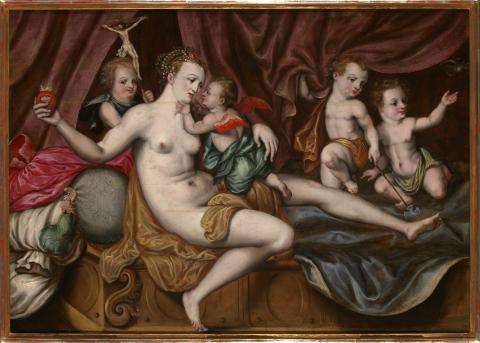 Neznámý, Alegorie lásky, konec 16. stol. olej, dřevo dubové 76 x 107 cm, Alšova jihočeská galerie.